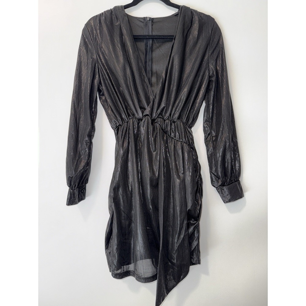 Sexy‎ Shiny Metallic Long Lantern Sleeve Mini Dress Deep V-Neck Sz M Bodycon